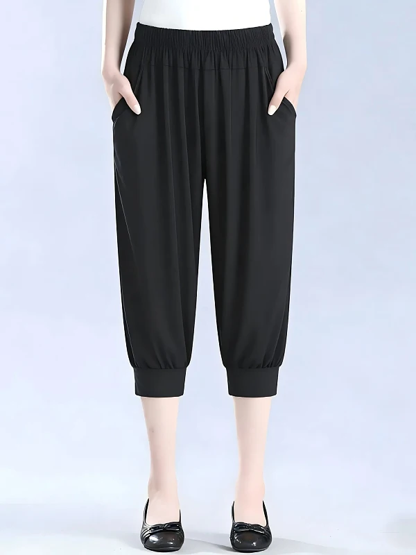 High Waist Harlan Pants Women Summer Loose Casual Pants Elastic Waist Mommy Style Grandmother Style Ice Silk Flower Seven-Foo...
