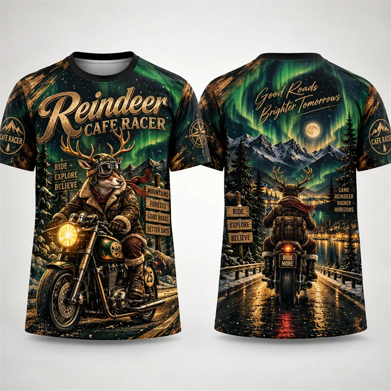 Christmas Reindeer Cafe Racer T Shirt Men Motorcycle Biker Graphic Short Sleeve Xmas Holiday Streetwear Casual Fashion Gift Top