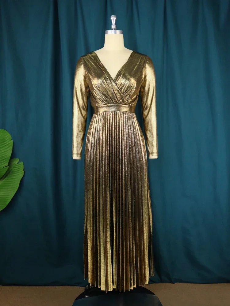 Vestido largo de lujo para mujer, traje Formal metálico brillante con Espalda descubierta, plisado, Swing, línea A, fiesta de graduación