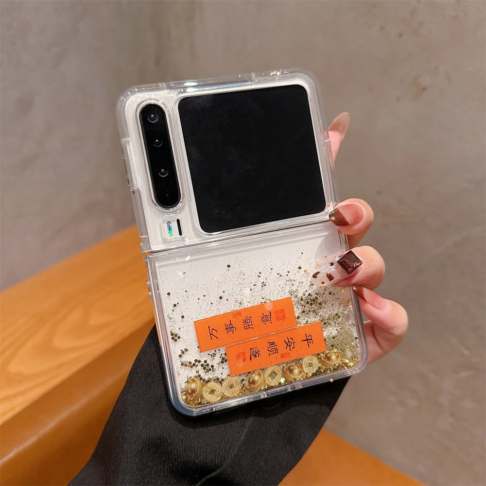 عناصر النمط الصيني الذهب الرمال المتحركة حافظة لهواوي بورا X للطي سيليكون الغطاء الخلفي لينة الديناميكية السائل الهاتف قذيفة فوندا #1
