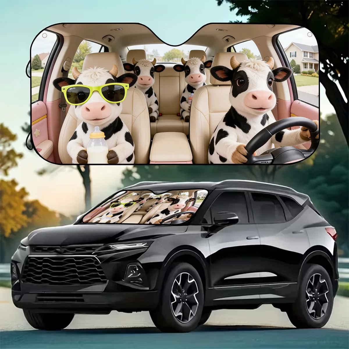 1pc, Cow-shaped Car Sunshade, Foldable for Easy Storage, Protective Sunshade to Keep Car Cool, Convenient Suction