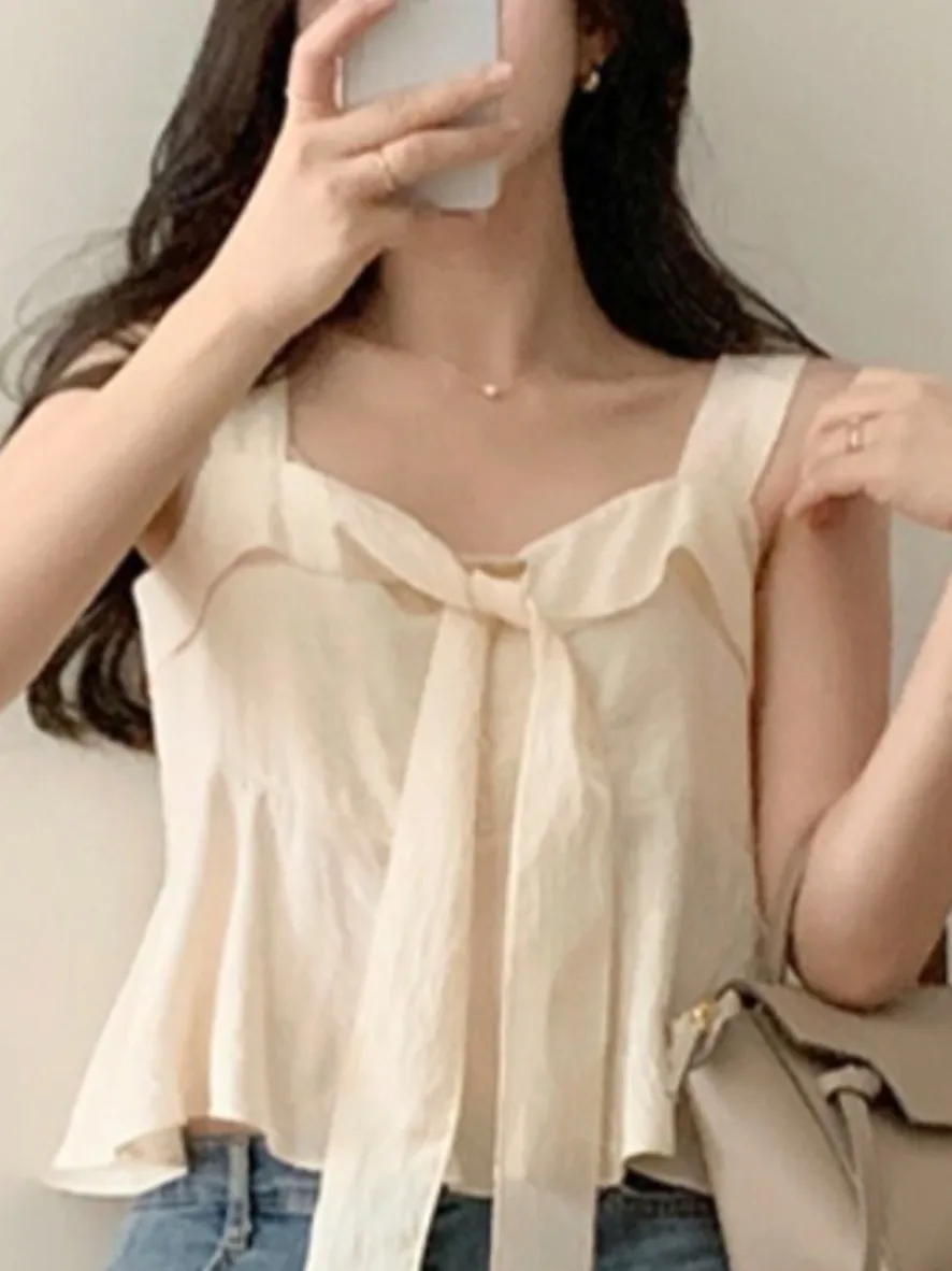 Novo Estilo de Verão Top Sem Mangas F com Laço Curto e Detalhes Es Suéter atura Estilo Crop sem Registro de...