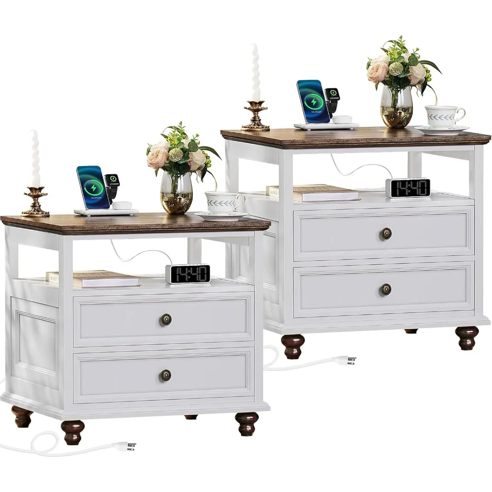 Набор из 2 тумбочек для фермерского дома с зарядной станцией, широкий торцевой столик шириной 24 дюйма с 2 ящиками, комод для спальни, прикроватный столик, комод