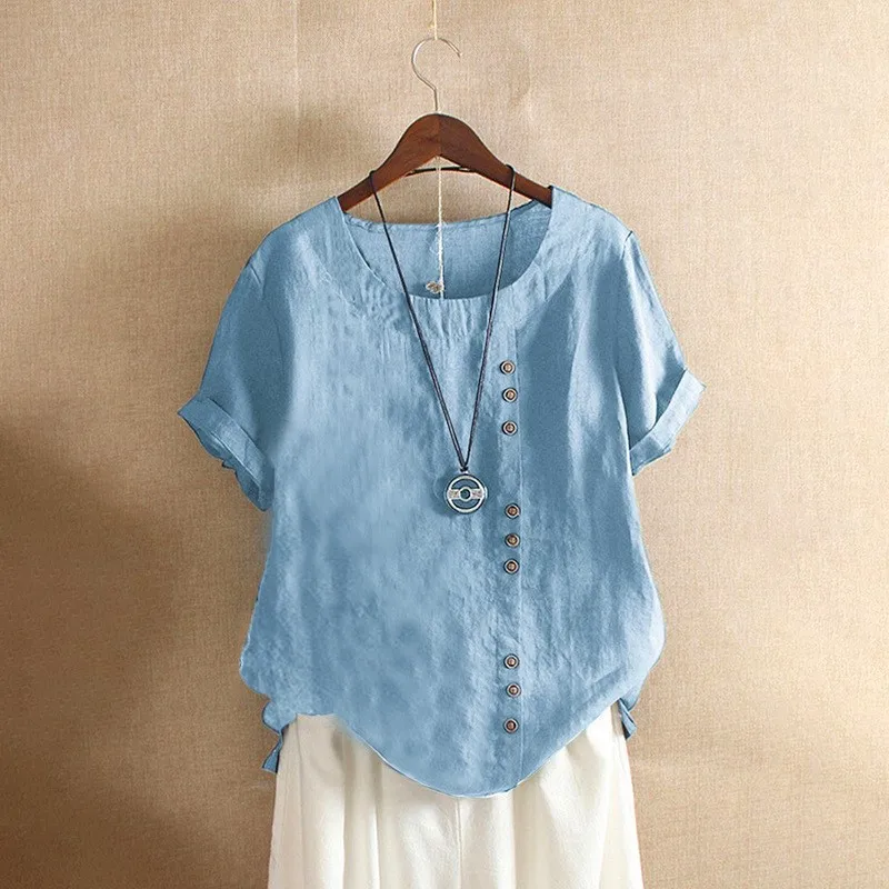 

Women's Solid Cotton And Linen Shirts Tops Summer Casual Loose Button Decorative O-neck Short Sleeve Solid Pullover Blouse Femme