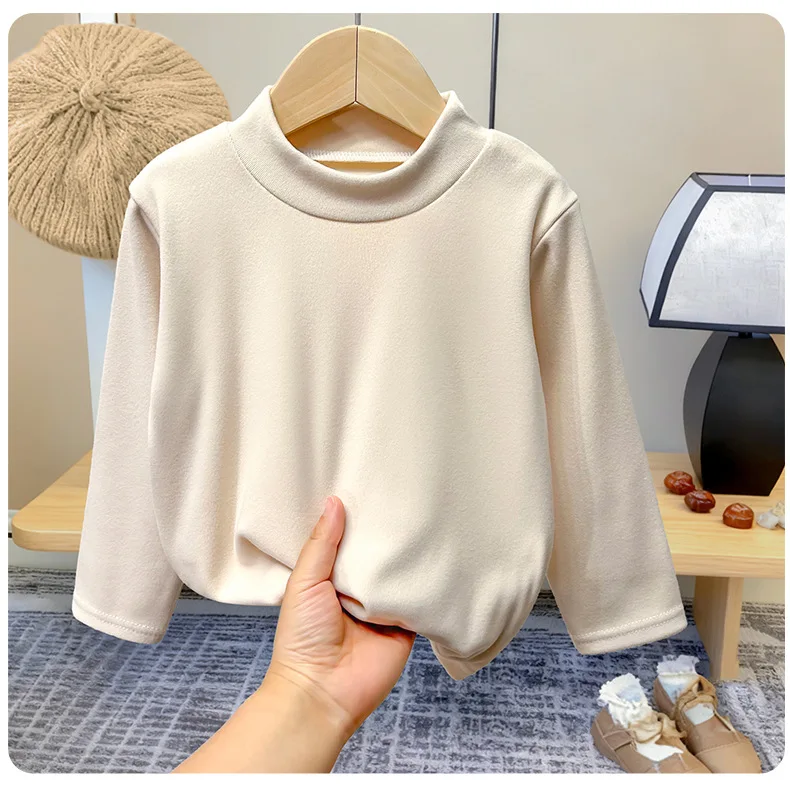 Winter Baby Warme Top Jungen Mädchen Samt Innen Einfarbig Unten kinder Halb Hohe Kragen Langarm T-shirt Kinder Kleidung – Detail 5