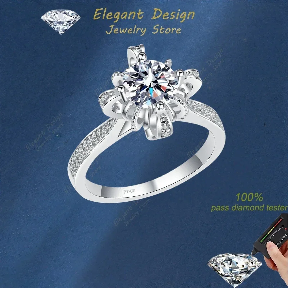 Wedding Band 1CT Moissanite Diamond Women Peony Flower Platinum Pt950 Crown Ring Girl Birthday Gift Lady Engagement Fine Jewelry