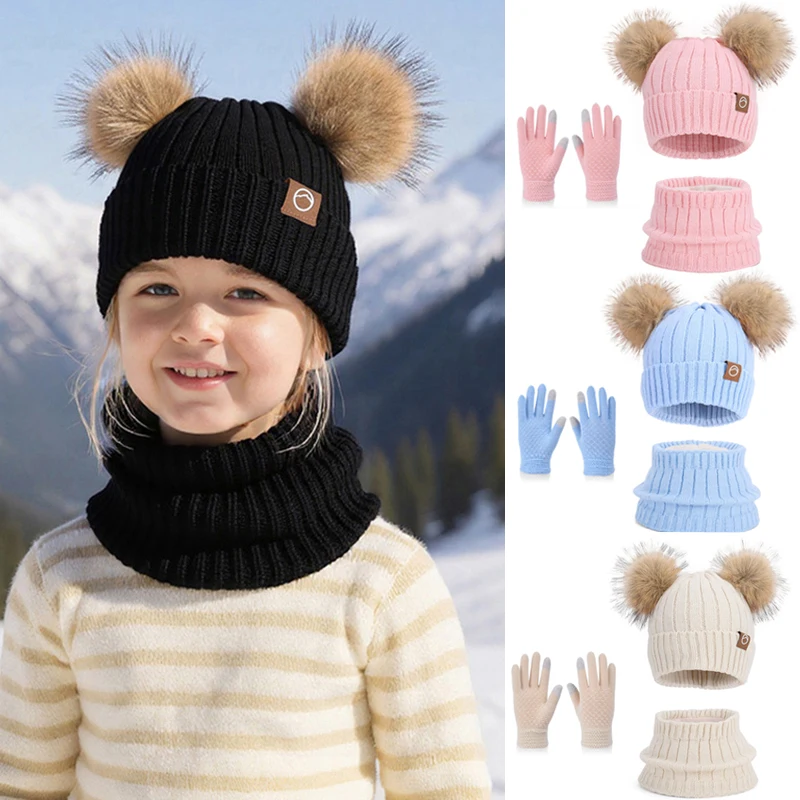 

Fur Ball Children Winter Hat Scarf Gloves Set Knitted Kids Beanie Cap for Skiing Thicken Child Bonnet Hats for Girls Boys 4-10Y