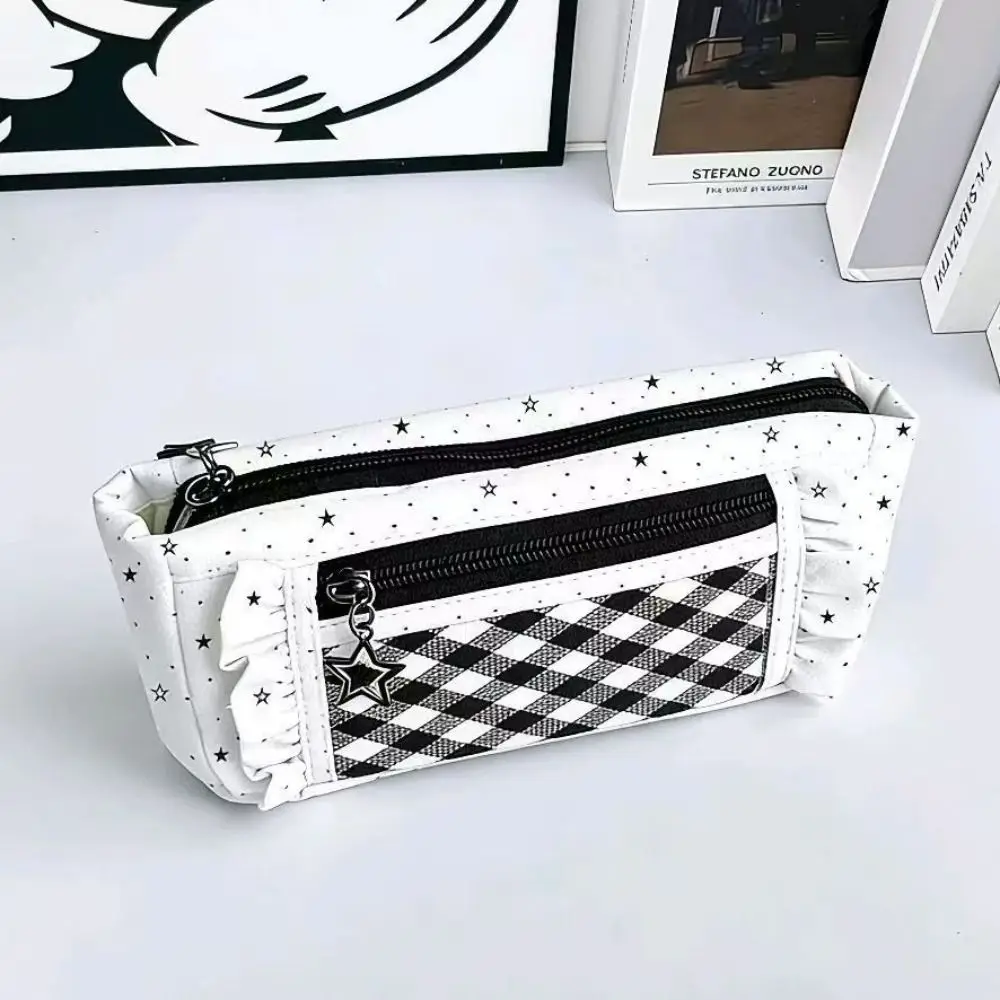 Zipper Star Pain Bag Large Capacity Lace Ruffle Student Pencil Case Transparent Window Pen Pouch for Students Gift