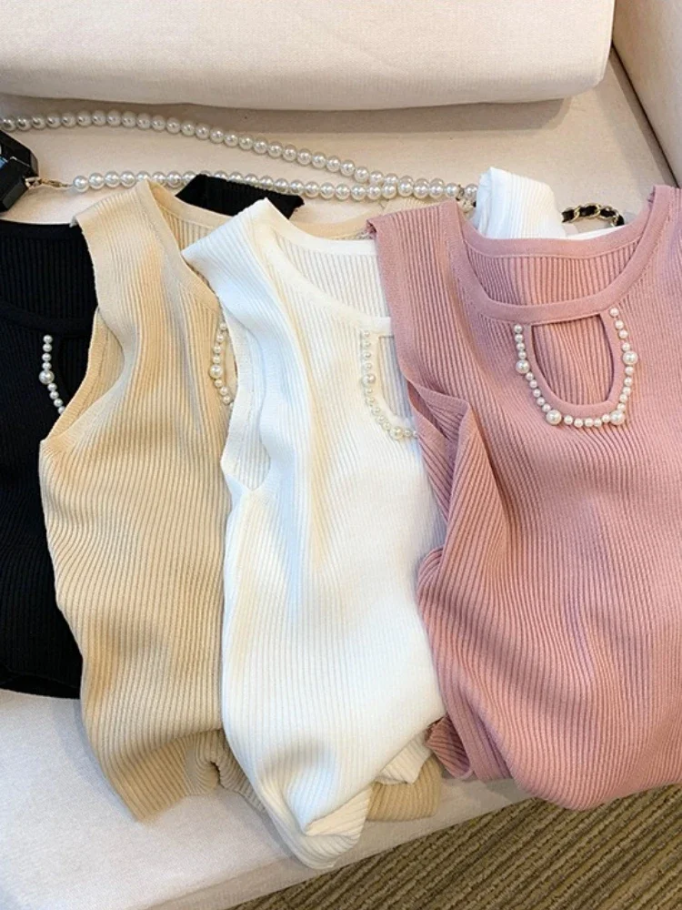 

Корейские вязаные жилеты, женский топ, однотонная майка, Blusas, летние новые модные женские повседневные тонкие топы без рукавов с бисером, полые топы 2025