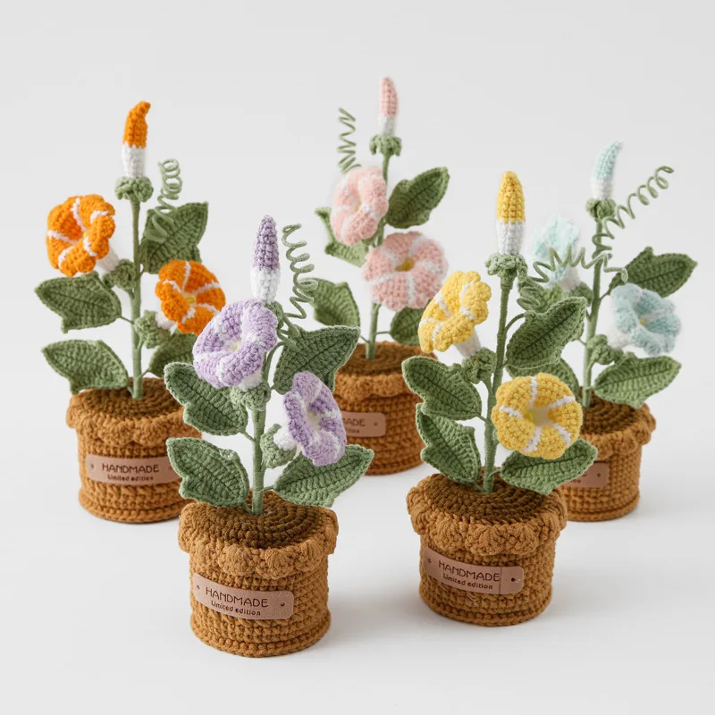 

Hand-Crocheted Wool Woven Ornaments Snow Fly Knitted Morning Glory Wool Potted Multi-Head Flower Decorative Gift