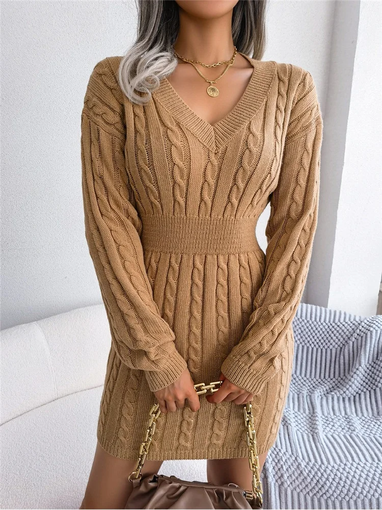 New Fashion Autumn Winter Bodycon Pencil Dress Women Slim Fit Cable Knit Long Sleeve Sweater Dress Sexy V Neck Club Party Dress