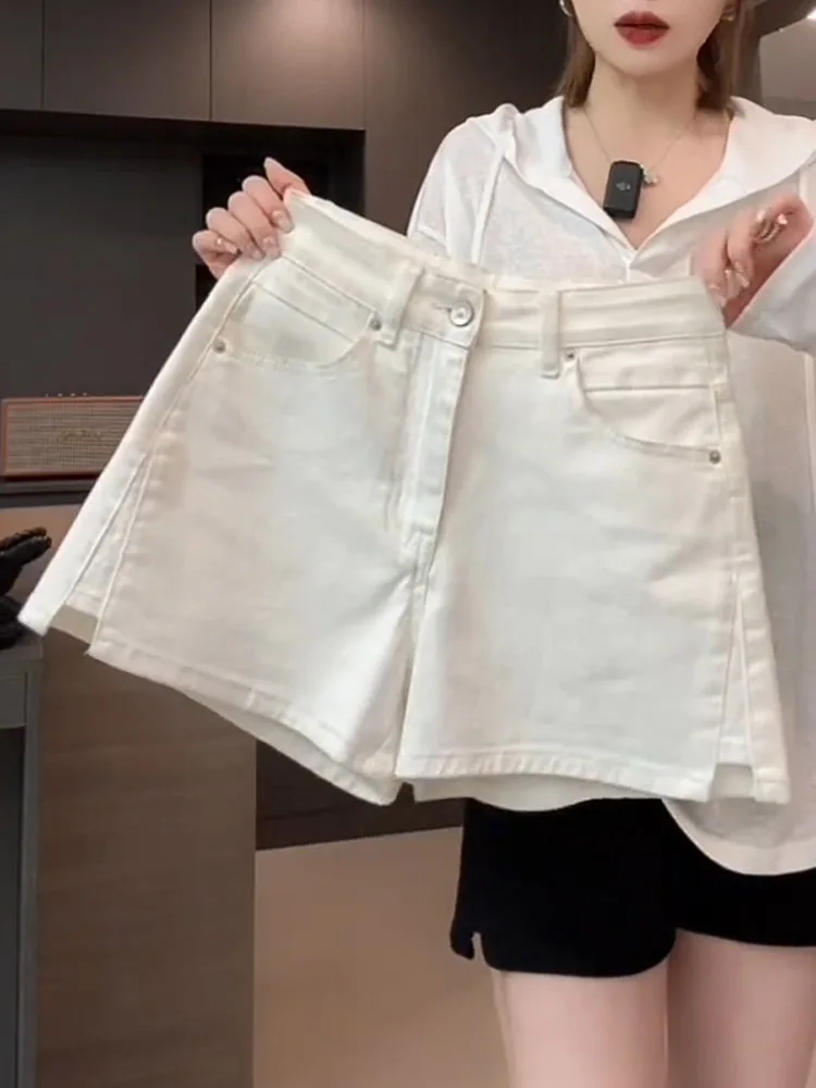 

Джинсовые шорты с высокой талией, эластичные, с разрезом, женские, больших размеров, утягивающие, универсальные, А-силуэт, широкие штанины, хит продаж