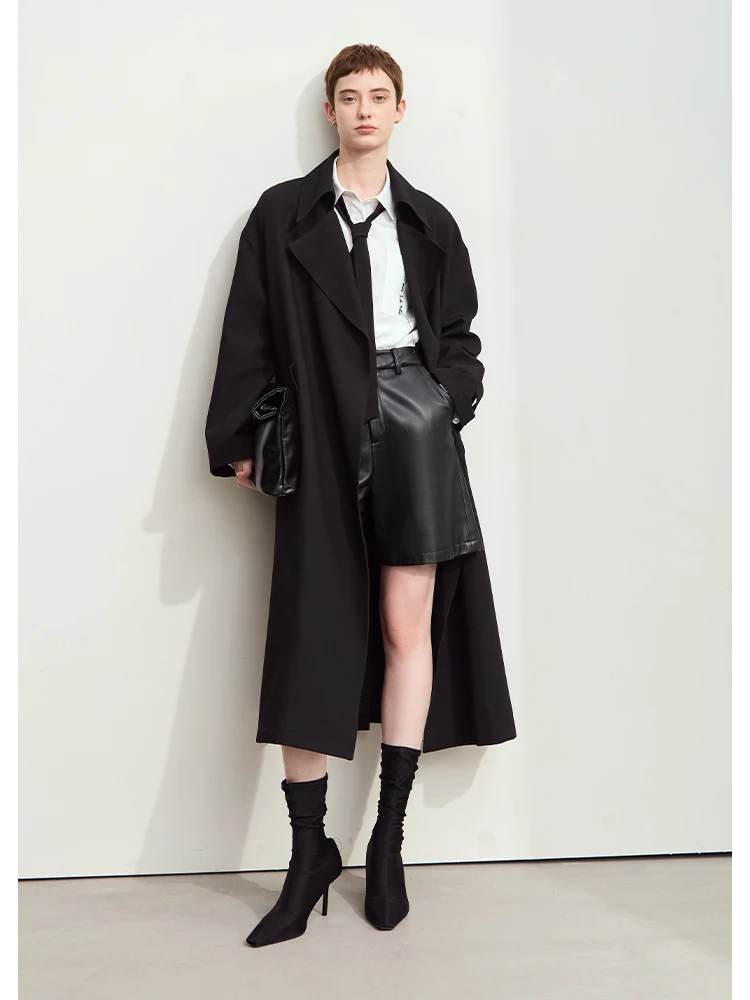 AMII Minimalist Lapel Collar Trench Coat for Women Classic Drop Shoulder Sleeve Belt 2024 Fall Ultra-loose Pleated Coat 12453076