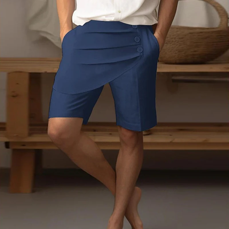 Summer Beach Casual Mens Linen Shorts Vintage Pleated Button-up Loose Shorts Men Stylish Solid Color Mid Waist Breathable Shorts