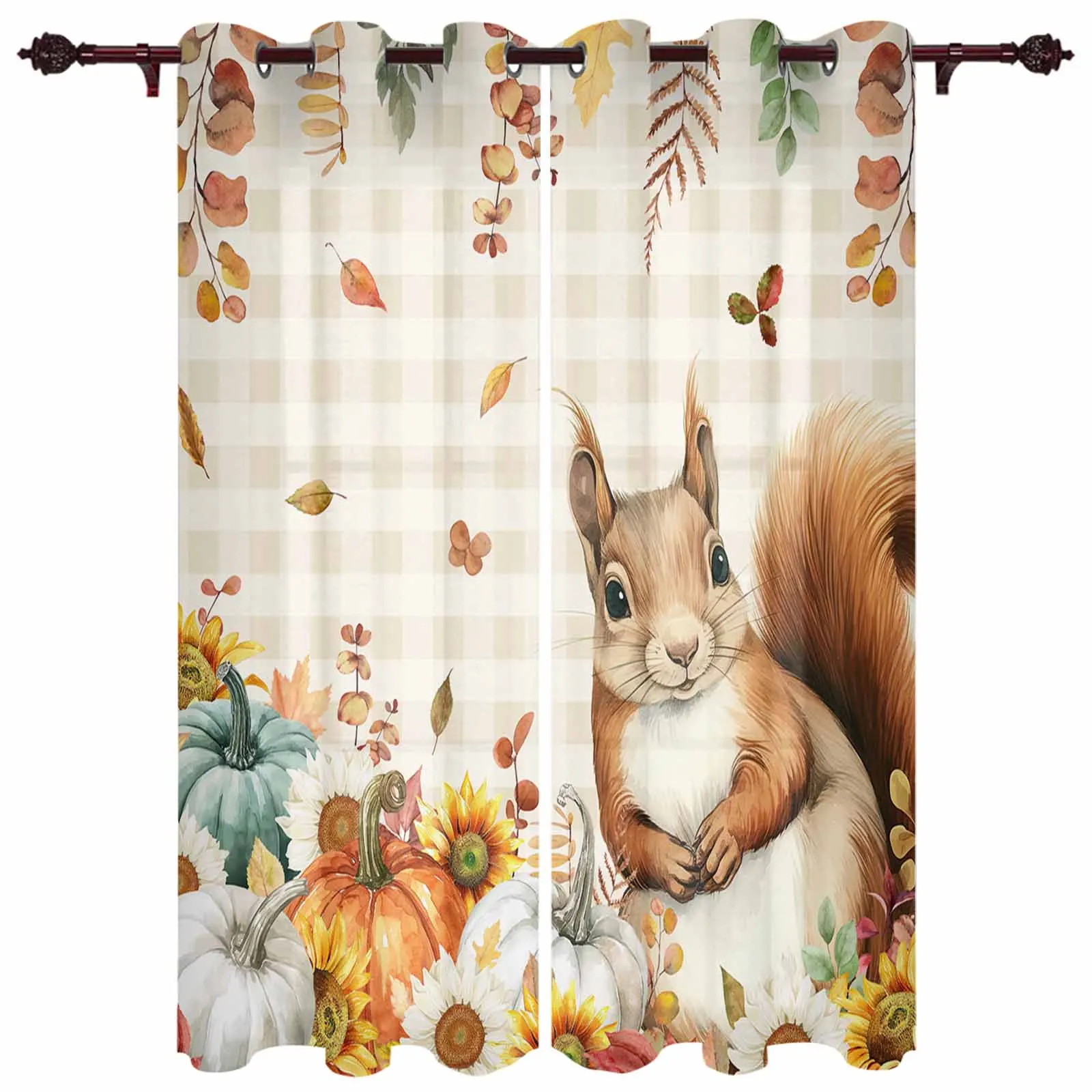 Thanksgiving Eucalyptus Leaf Pumpkin Sunflower Squirrel Modern Curtains for Living Room Bedroom Window Curtains Hotel Drapes