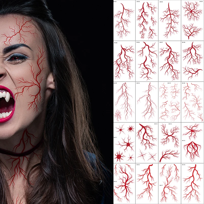 

Halloween Temporary Tattoo False Red Blood Waterproof Face Stickers Hand Arm Back Body Stickers Makeup for Party Festival Decals