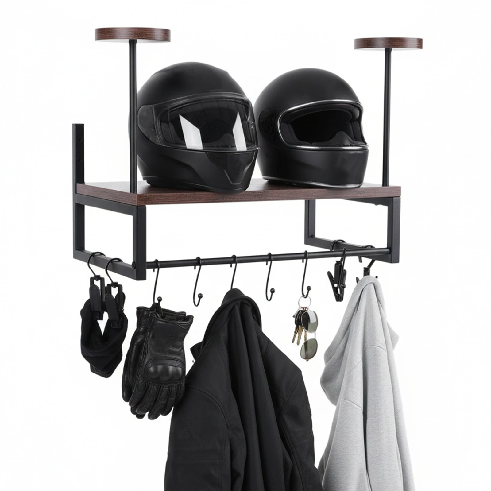 

Wooden Motorcycle Helmet Holder with Hooks Helmet Organizer Rack Wall Mounted Metal Helmets Stand for Hanging Gloves Keys
