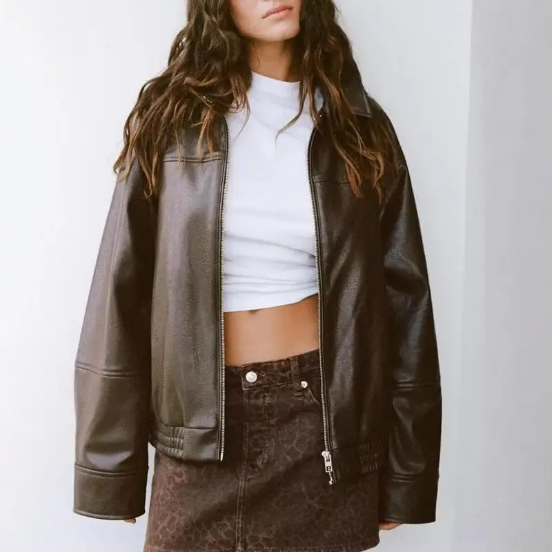 سترة طيار نسائية من الجلد الصناعي من TRF، تصميم جديد لخريف وشتاء، أسلوب حلو وفضفاض، أكمام طويلة، إغلاق بسحاب، حافة مستديرة، ع...