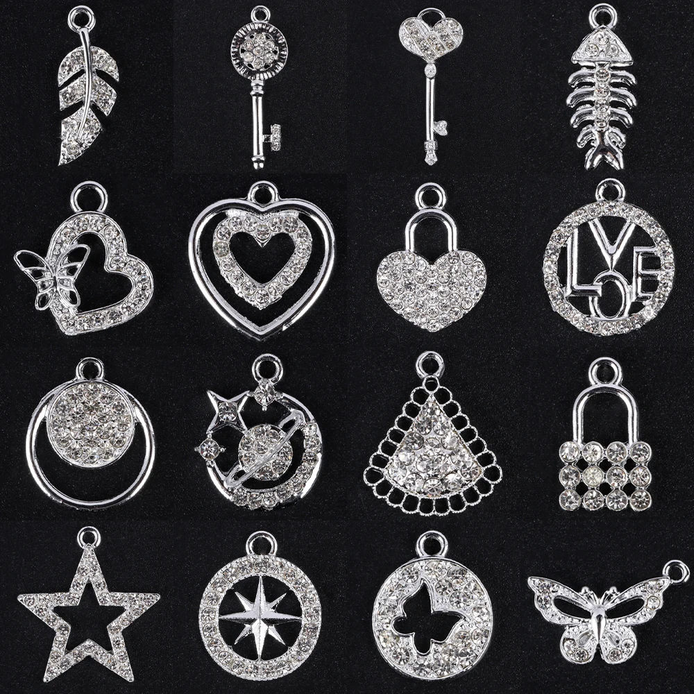 5pcs Silver Color Love Heart Star Butterfly Leaf Rhinestone Alloy Charms For Jewelry Making DIY Earrings Pendants Accessories