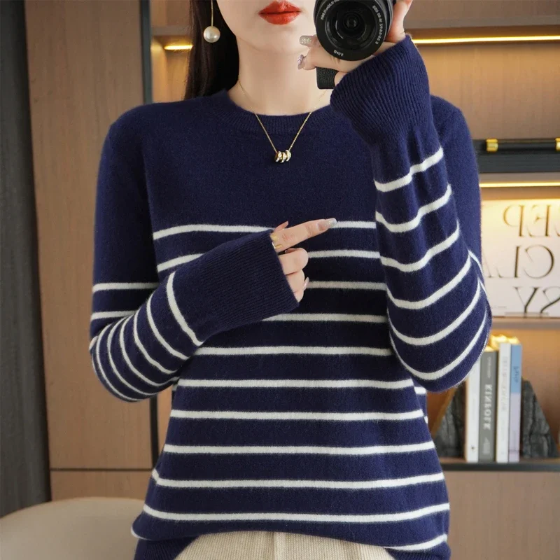 

Autumn Winter New Women O-neck Color Strip Pullover Wool Blend Fashion Soft Warm Sweater Cashmere Loose Casual Knit Base Top