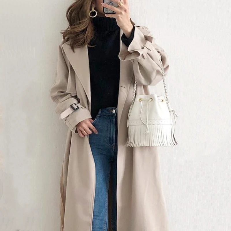 

Spring 2024 Women Trench Coat Jacket Korean Casual Long Windbreaker Single Button Pleats Splicing Cardigan TrenchCoat Fashion