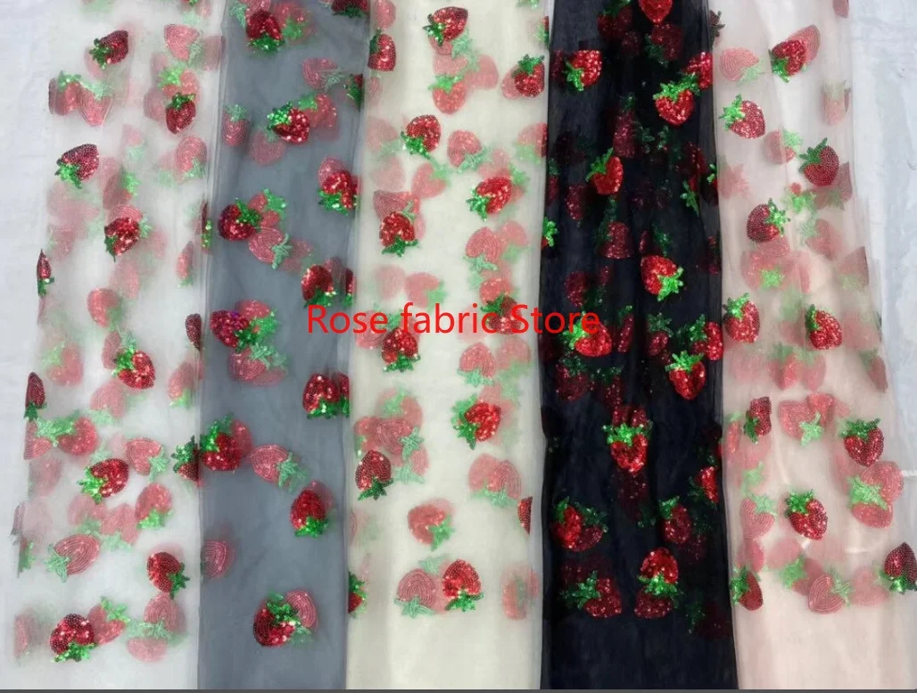 Sequins Strawberry embroidery Lace Fabric Sequined Strawberry Pattern Tulle Fabric for Girl Dress Tutu Dress Summer Dress 1 yard