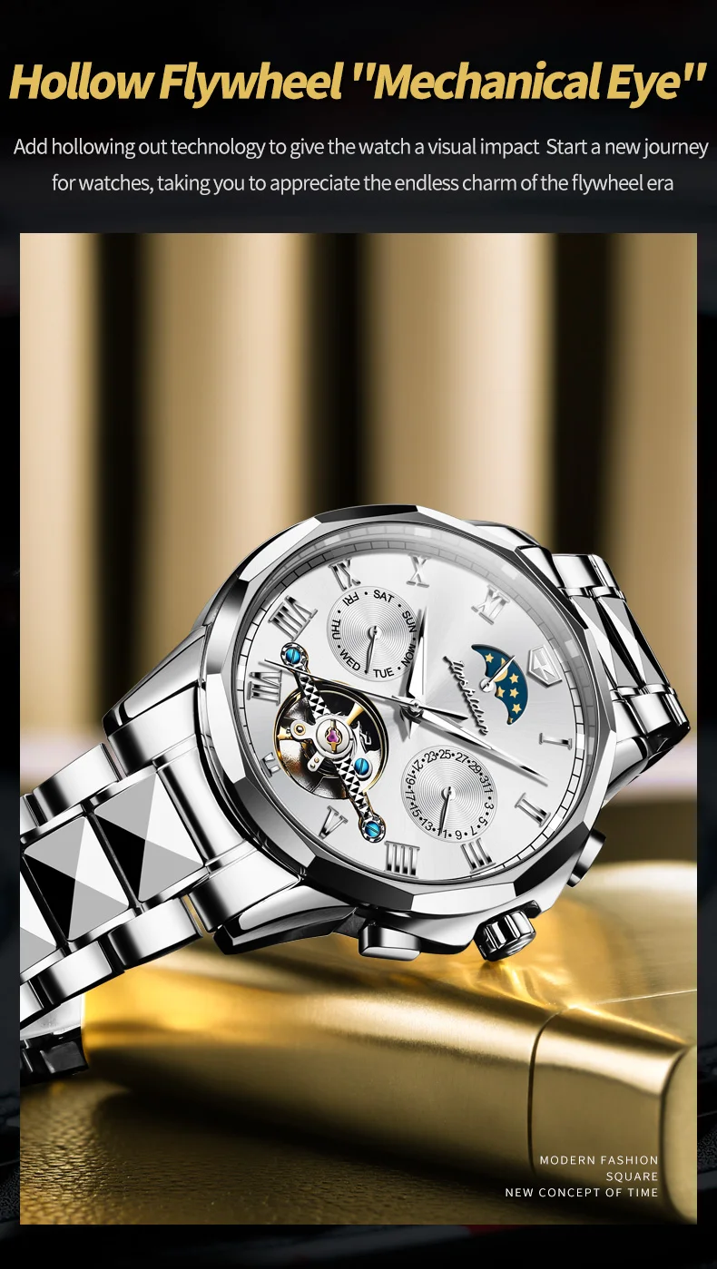 JINSHIDUN 8937 Automatische Herrenuhren Luxus Wolframstahl Skelett-Schwungrad Mondphase Kalender Wasserdichte Mechanische Uhren – Detail 16