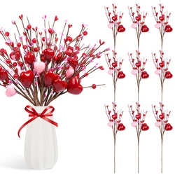 5Pcs Artificial Heart Berry Flower Stem Branches Picks for Valentines Day Wedding Party Home Table Decoration Supplies DIY Vase