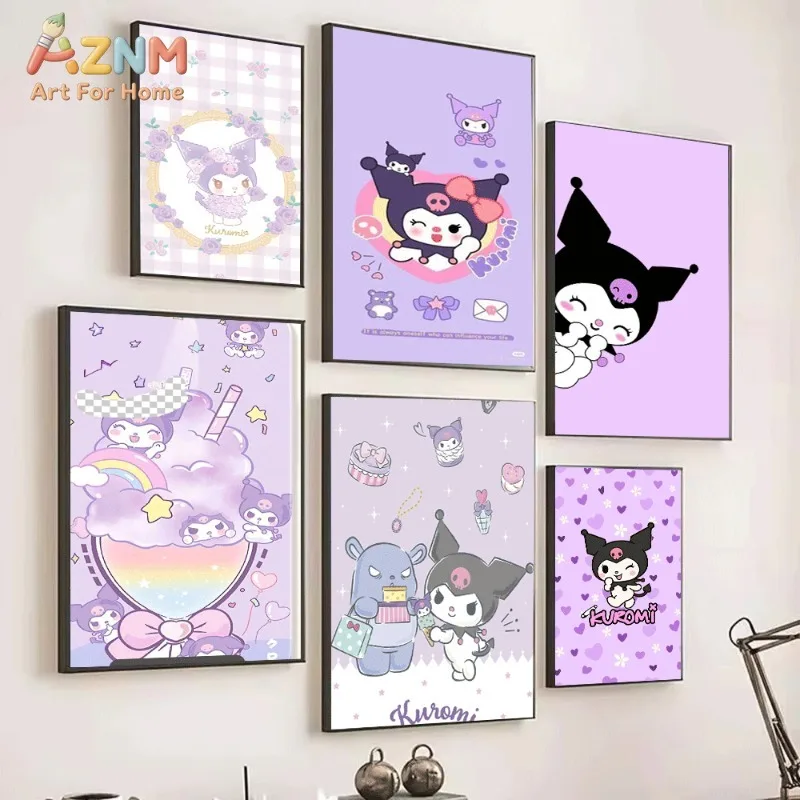 Sanrio Kuromi Purple Floral Frame Canvas Poster No Frame Cute Cartoon Devil Character Art Print Girly Pastel Style Kids Bedroom