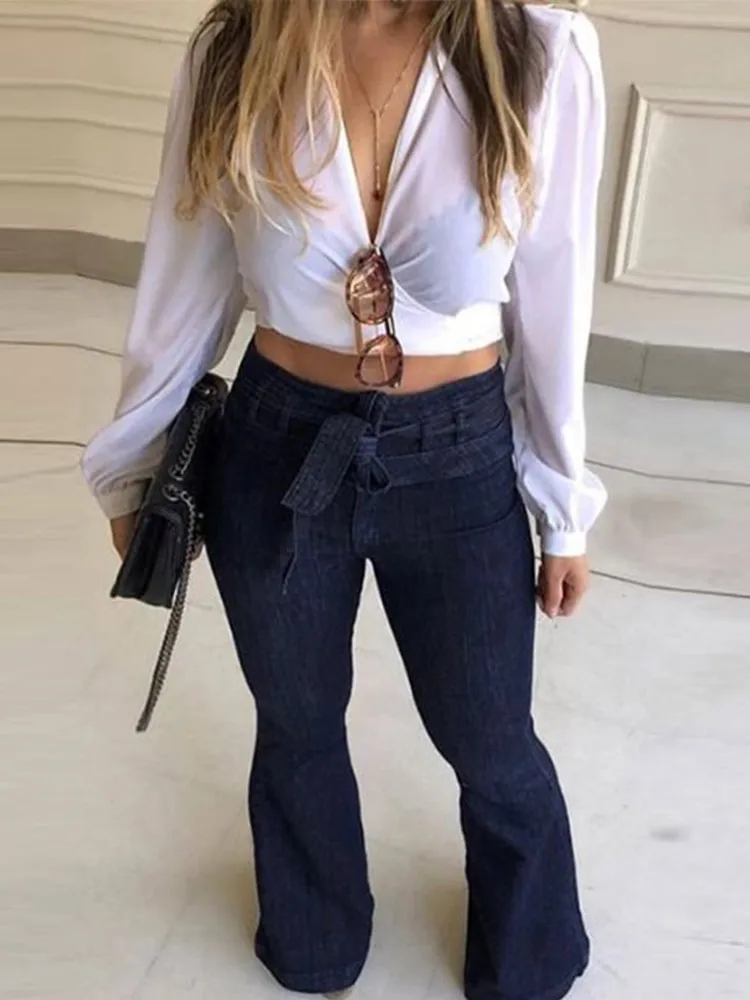 

Осень 2021, женские узкие джинсовые брюки, модные расклешенные джинсы, женские уличные брюки с высокой талией на молнии и шнуровкой