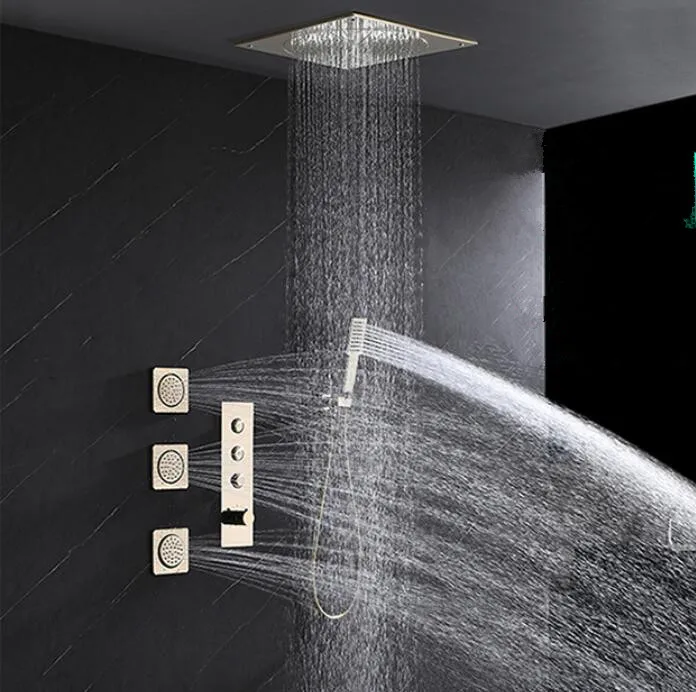 Luxury Brass Brushed Gold Ceiling Mounted Large Rainfall Thermostatic Shower Faucet Set with Body Sprayer