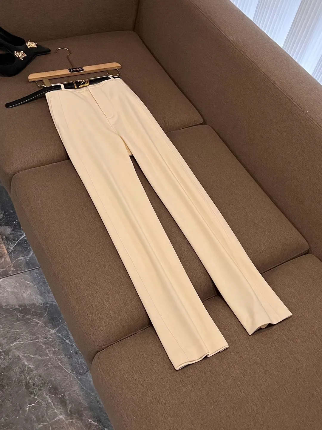 

High Waist Elastic Casual Knife-ape Pants for Women Autumn Sle Slimming Neutral Cotton Fabric ket Detail X294