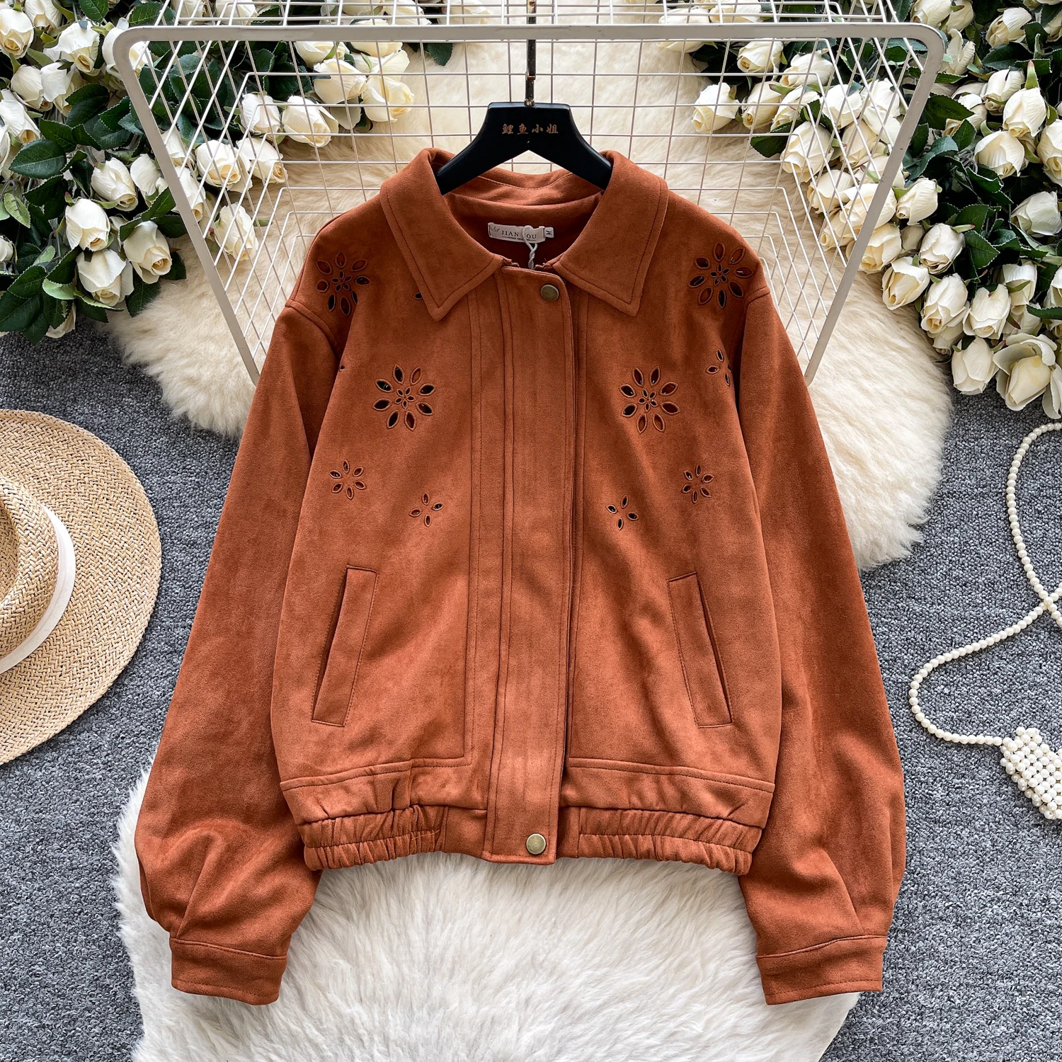 

Hollow Out Embroidery Faux Suede Women's Jacket Spring Autumn New American Style Vintage Brown Coats Fashion Zipper Lapel Tops