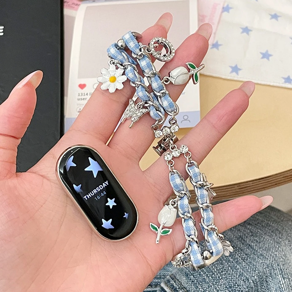 موضة شبكة سلسلة معدنية حزام ل Xiaomi Mi Band 10 9 8 Miband 9Pro 8 Pro زهرة القلب قلادة CC سوار معصمه حزام الساعات