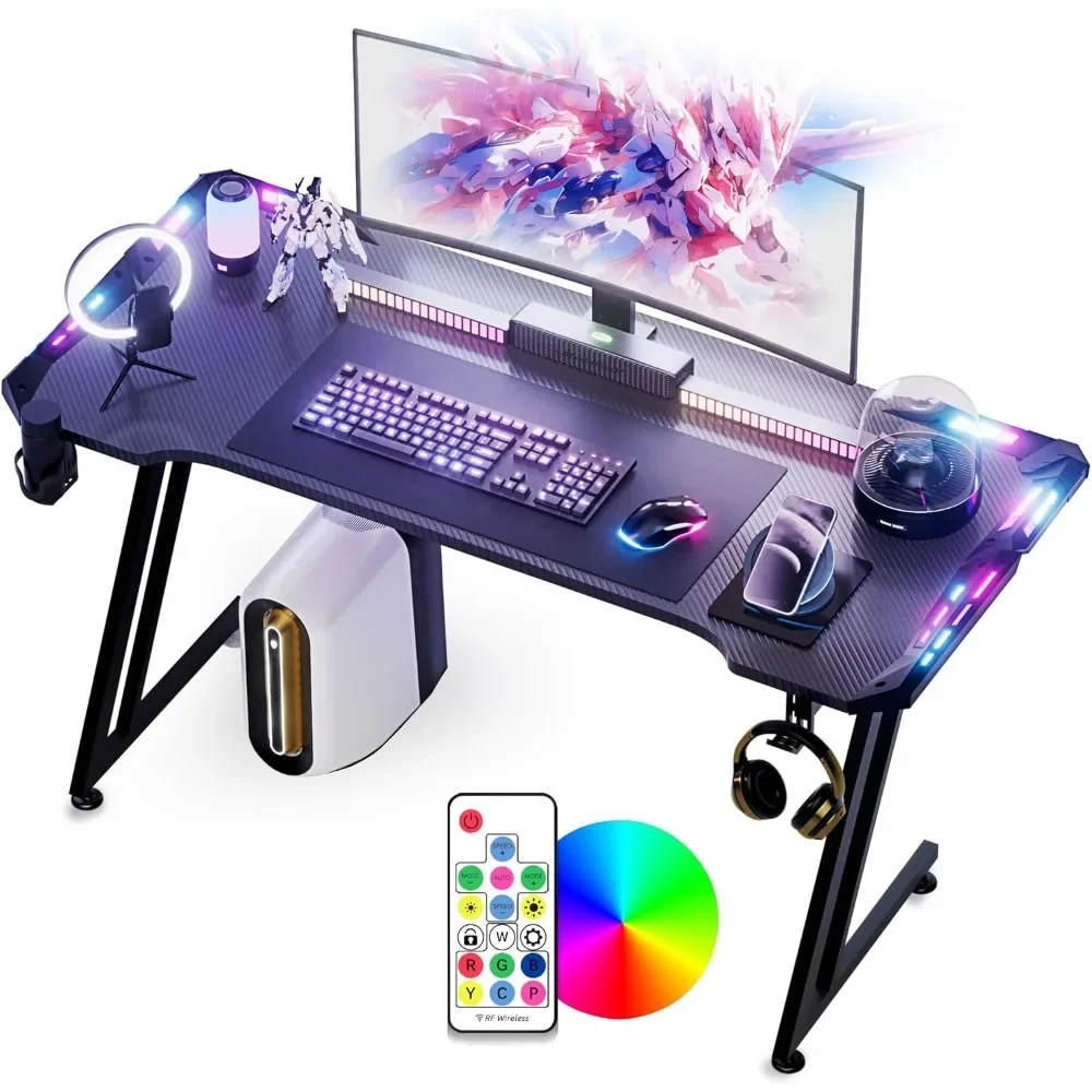 Gaming Desk with LED Lights,Muti Sizes Carbon Fiber Surface RGB Gaming Computer Table, 384 Color Mode