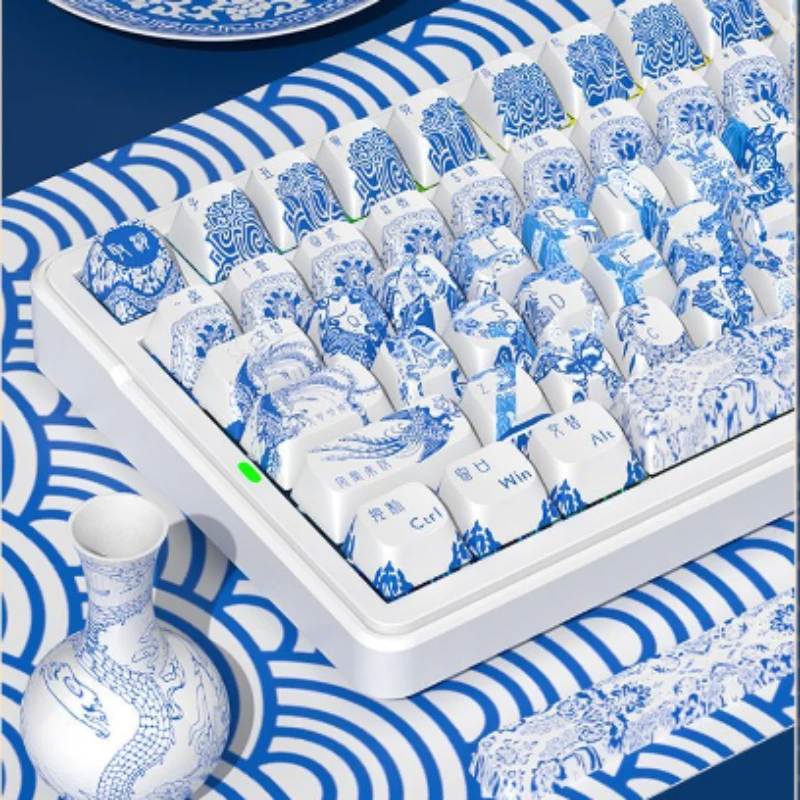 ECHOME Blue and White Porcelain Theme Keycap Set PBT Chinese Culture Keyboard Cap Cherry Profile KeyCap for Mechanical Keyboard