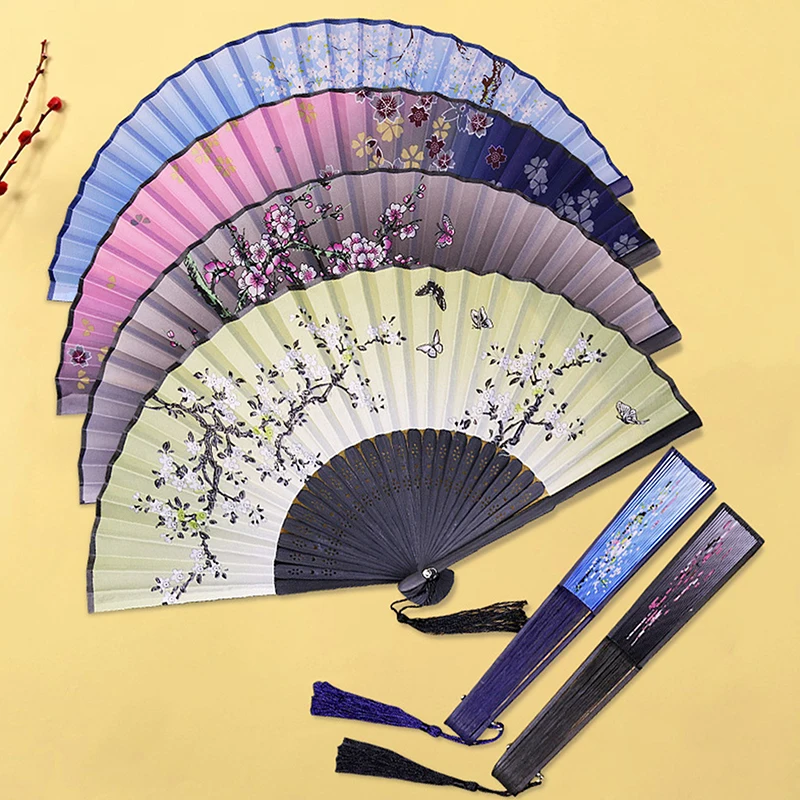 Bamboo Chinese Japanese Folding Fan Tassel Elegent Female Fan Vintage Style Folding Fan Silk Hand Fan Party Gifts Art Crafts