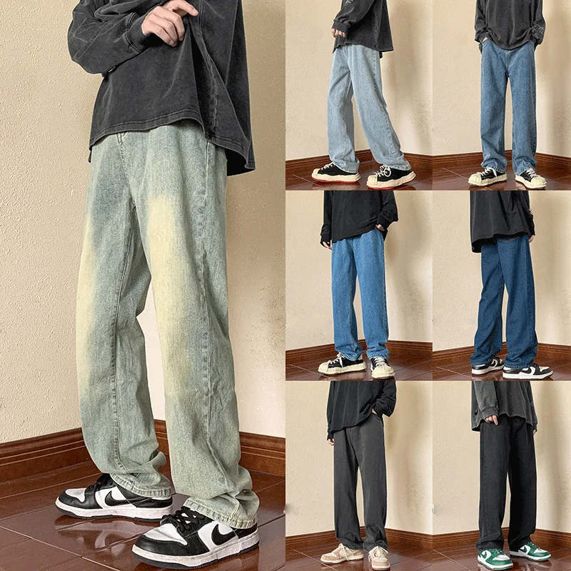 

Retro Waed Men's Jeans Spring Autumn Loose Straight Leg Yellow Mud Dye Long Pants American Sle Casual High Street