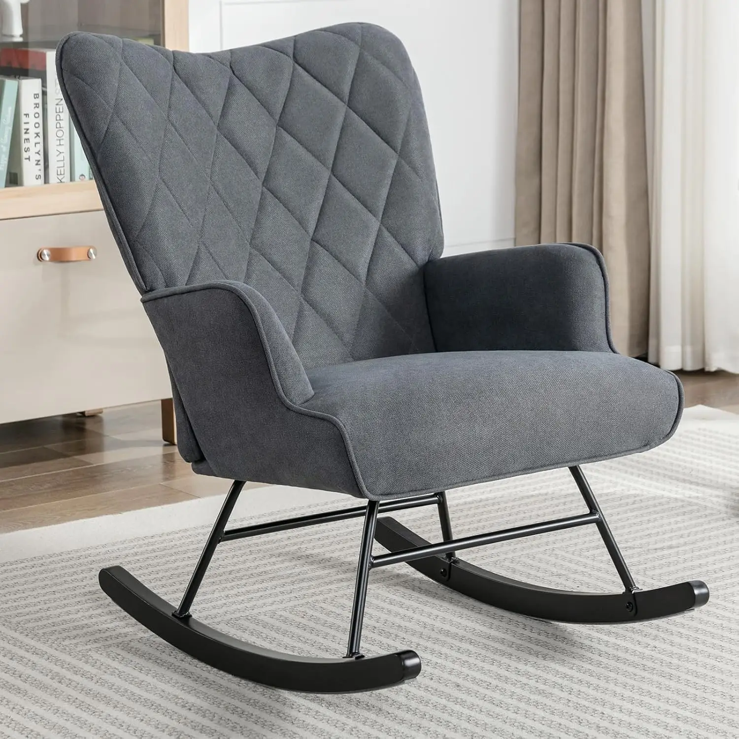 High Back Upholstered Nursery Glider Rocking Chair, Grey Fabric Comfortable Living Room Sturdy Wood Rockers, Customized