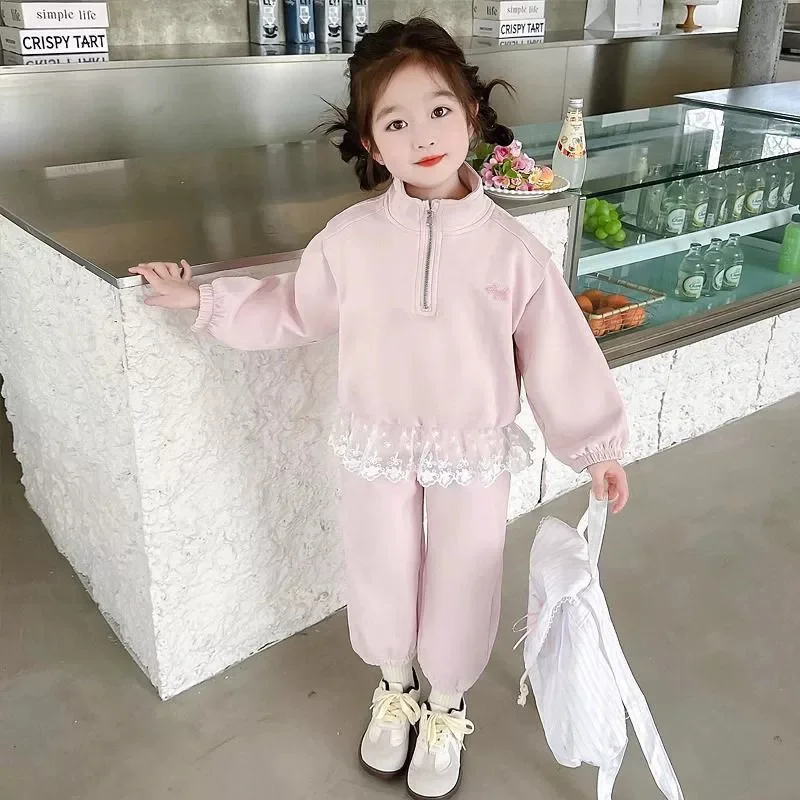 

Комплекты одежды для девочек, детский кружевной костюм, осенний свитшот с длинными рукавами, брюки, 2 шт., детская милая повседневная одежда, весенняя спортивная одежда