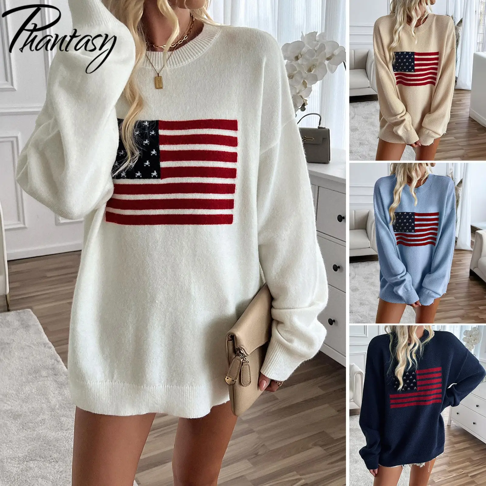 Phantasy Autumn Winter Sweater Women Pullover Knit O Neck Loose Sweater National Flag Pattern Tops Casual Streetwear Female Wear