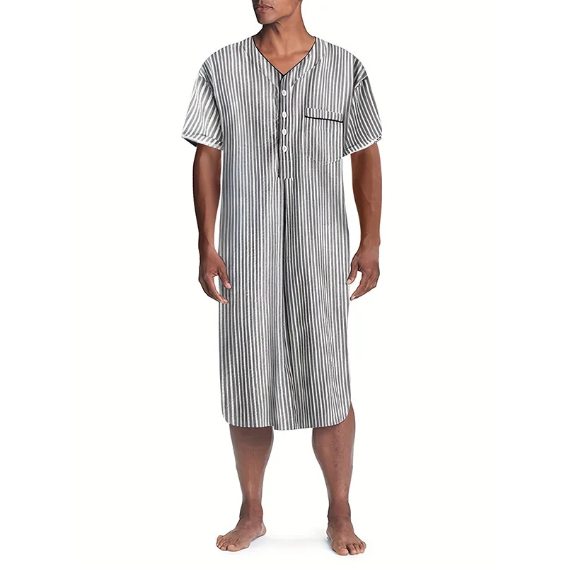 Muslim Thin Short Sleeved Robe With Middle Eastern Arabic Stripes V-neck Button Casual Loose Fitting Nightgown