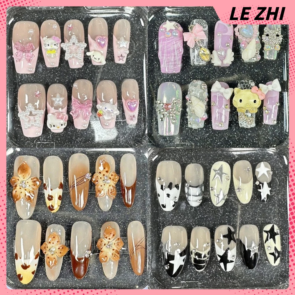 

Fall 2024 Coffee Brown 3D Handmade Flower Press On Nails Art Y2K Hello Kitty French Almond Ballerina Square Nails Stickers