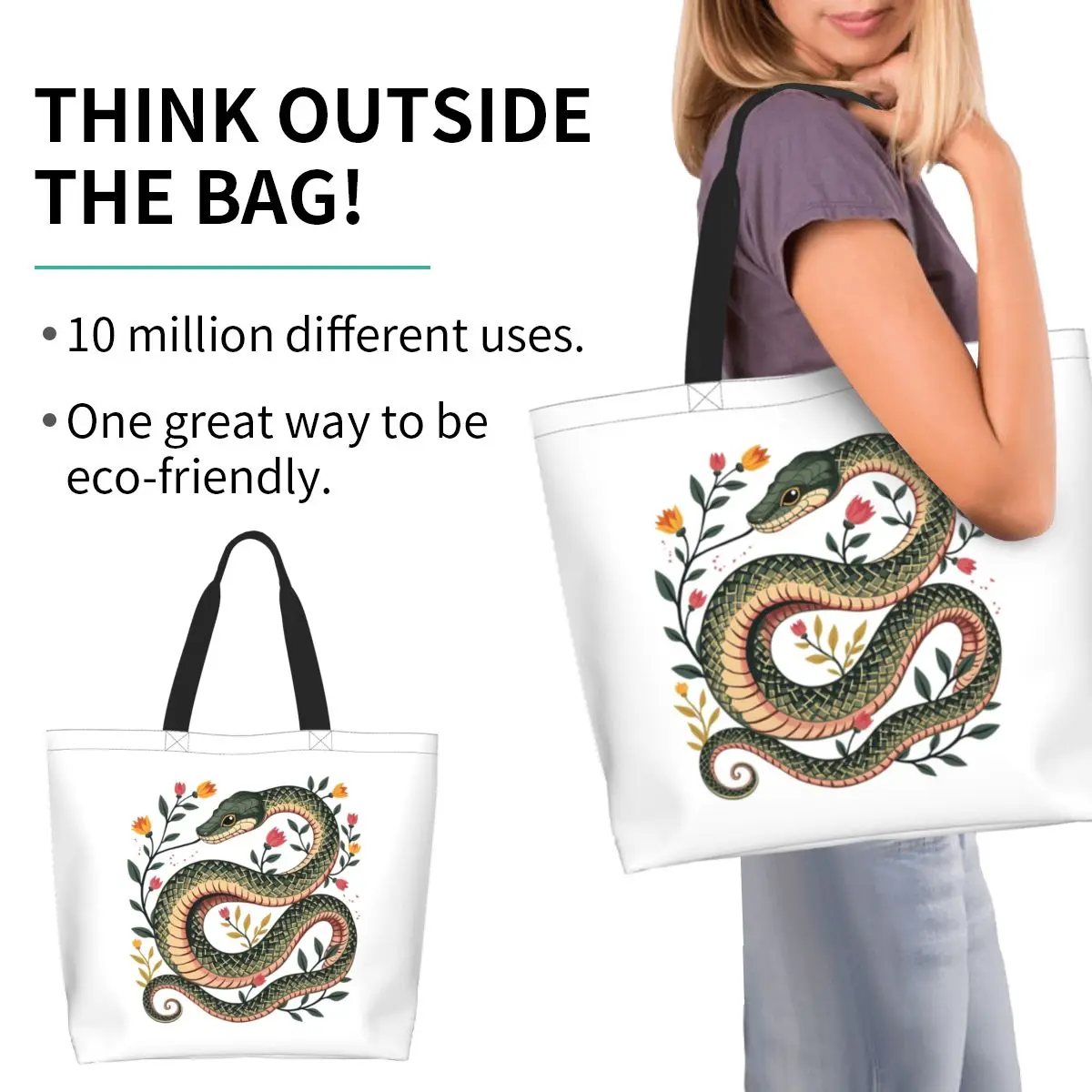 Botanical Serpent Nature Inspired Shopping Tote Bag Canvas Large Capacity Shoulder Bags Shopper Grocery Handbag for Women