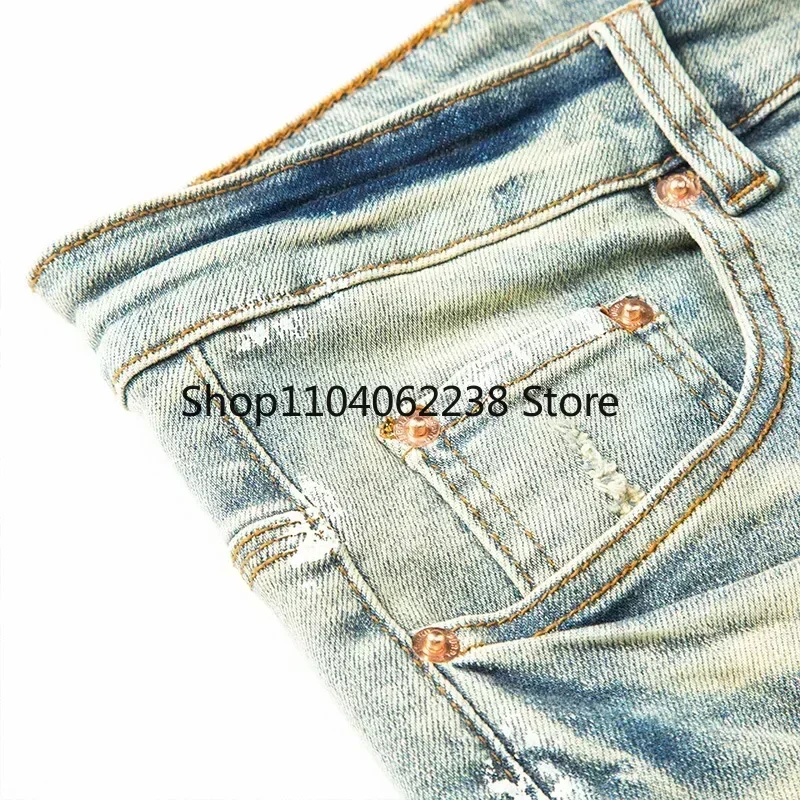 2024 quality Purples jeans man American high street with holes dirty washed and splashed straight Stylish and slim brand pants