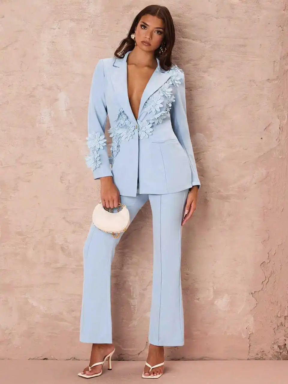 Elegant Floral Appliques Women Suits Wide Leg Pants Plus Size Blazer Fashion Full Sleeve Suit Customized Prom Party Outfits
