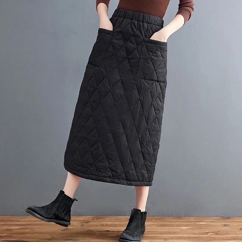 2026 Women Winter Skirt Windproof Warm Down Cotton Skirt High Waist Quilted Cotton Padded Skirts Office Lady Elegant Skirt