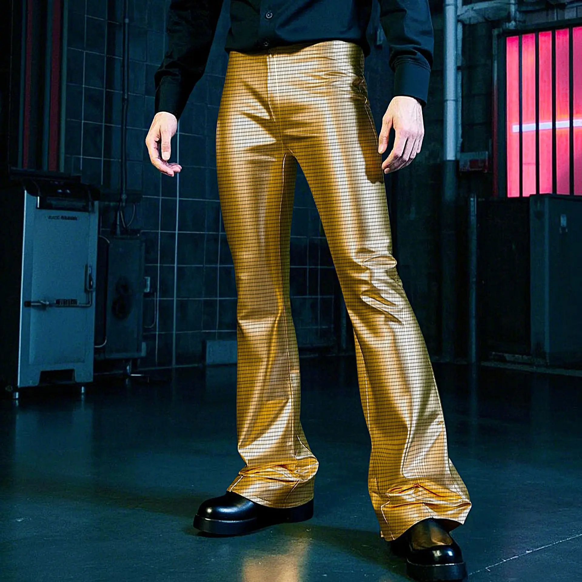 

Steampunk Glossy Plaid Flare Pants for Men Nightclub Sexy Trousers Streetwear Man Clothing Disco Stage Party Dress Long Pants