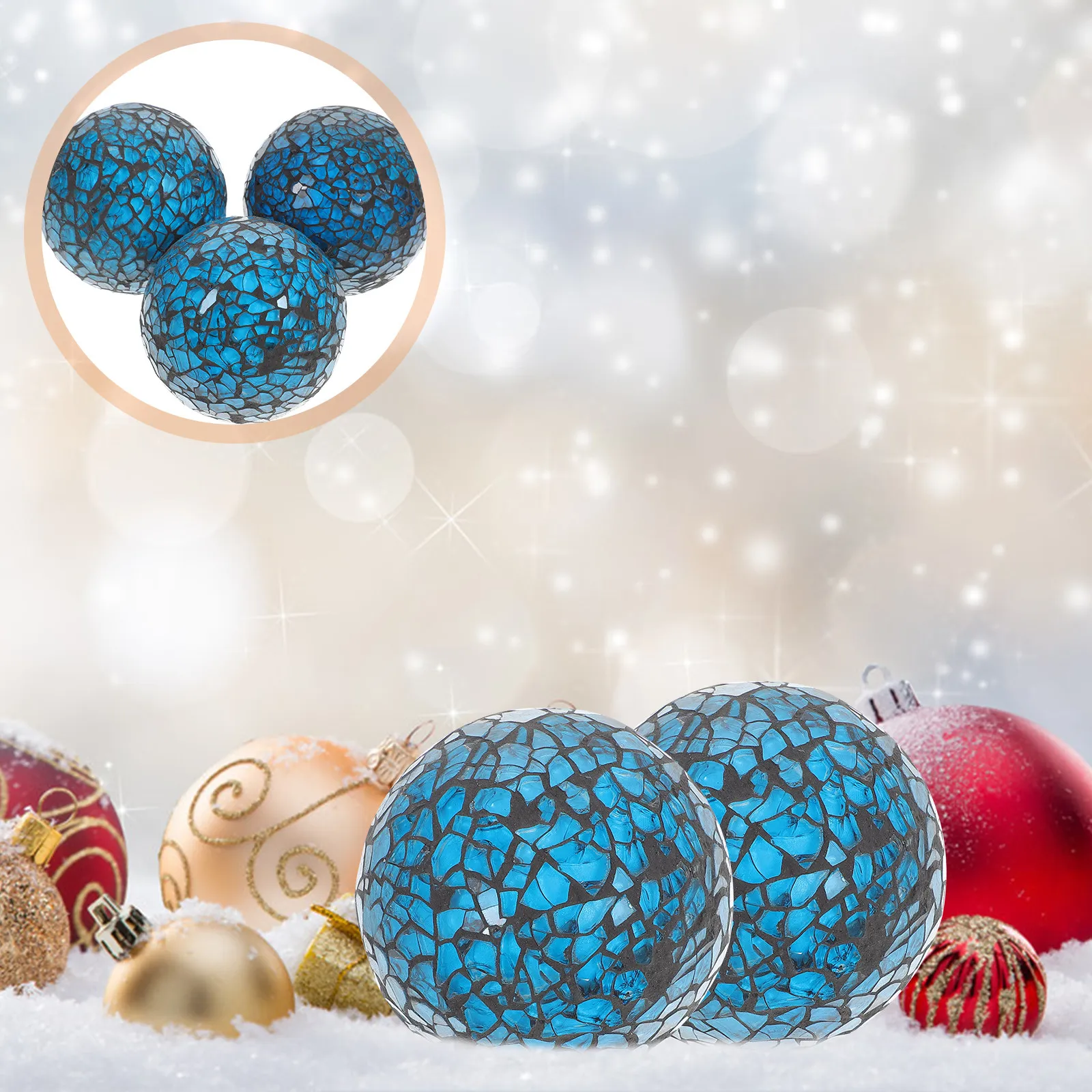 3Pcs Vibrant Blue Christmas Balls Mosaic Design Refreshing Interior Decor for Xmas Tree Under Tree Desktop Craft Ornament Xmas