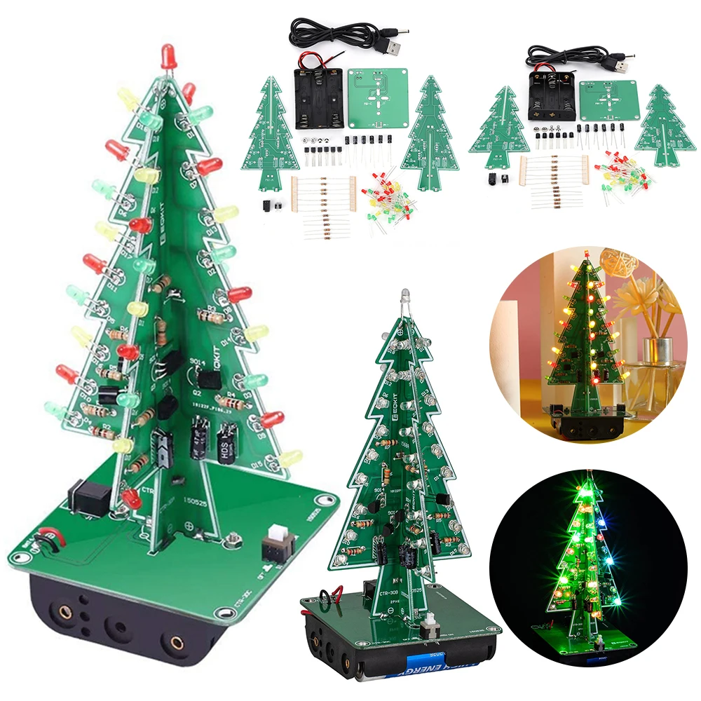 Three-Dimensional 3D Christmas Tree LED DIY Kit 3/7 Color Flashing LED Circuit Kit Soldering Practice Electronic Fun Suite 3 PCB